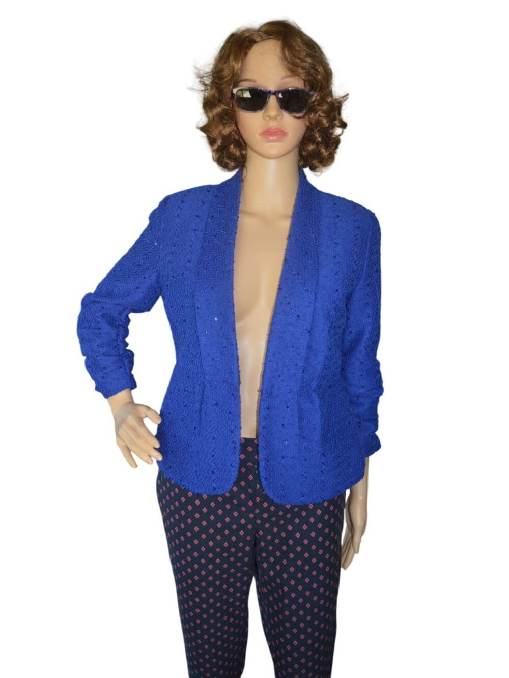 Linear Cobalt Blue Sequined Cropped Open Front Blazer Women's Size Petite Small